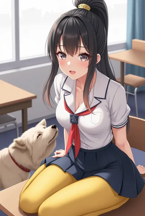  unique , ( sitting in the classroom), ( exquisite details hair ),  highly detailed eyes , Forced  Smile,  flat chest ,  , Black Hair, (Gradient hair ), ( yellow pantyhose ), (Gradient Eyes), High Ponytail, Straight bangs, uniform, backlight, Dog, 覆われたnipp...