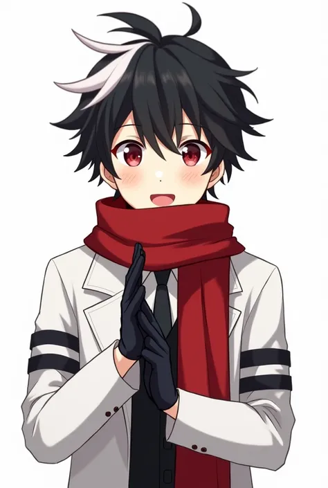 anime boy, black hair with white tips ,  messy hair .  white shirt with tie ,  black vest,  above a white coat with two horizontal black lines on the arms.  Thick red scarf that reaches up to the jaw . Ojos rojos.  happy expression , greeting,  black glove...