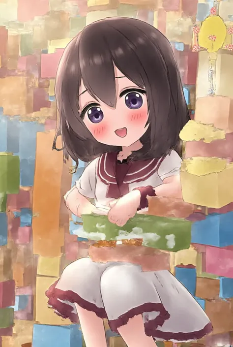 a cute anime girl, 1girl, playing with building blocks, detailed face, beautiful eyes, detailed lips, delicate features, colorful wooden blocks, playful expression, bright and vibrant colors, soft lighting, whimsical, fantasy, highly detailed, photorealist...