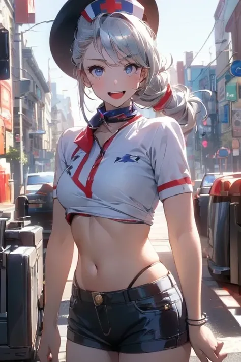 (((nurse clothes))), (small breasts:1.3),(((greatest masterpiece:1.3, ultimate quality:1.3, ultra-detailed:1.2)),(dynamic angle:1.3, front view:1.1, breast focus:1.3, from below:1.2), (dynamic posing:1.5, sexy posing:1.3, leaning forward), (seductive smili...