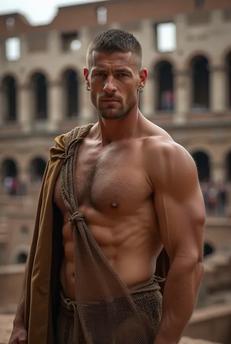 in coloseum backround, hair, haircute, half hard body, ruggedly handsome, muscular, half body, masculine, mature, Retrato de un joven, Muscular very handsome and attractive  nude nordic men, sharply cut features, A 40 years old male, Retrato de un joven, r...