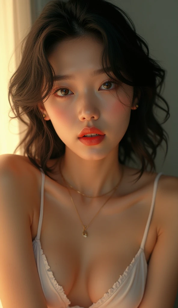 1 female, realistic, 20-30 years old, beautiful korean woman, face suitable for short hair, light skin suitable for black hair color, green eyes, healthy and moist red lips, slim body, soft light, slim waist and hips, jewelry, short shirt, shorts, highly d...