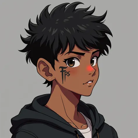  anime-style character, Young man with dark skin ,  short frizzy black hair ,  tattoo visible below the left eye , close to the cheek ,  with the word Father FPS in stylized font,  modern casual clothes , detailed art