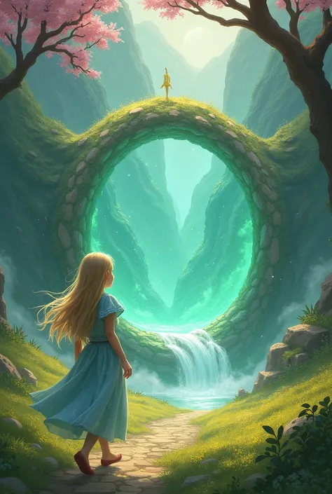 Valley with a beautiful silver portal with emerald interior with pink effects and light golden sparkles and a blonde girl with loose and long hair and a light blue dress with blue details entering 