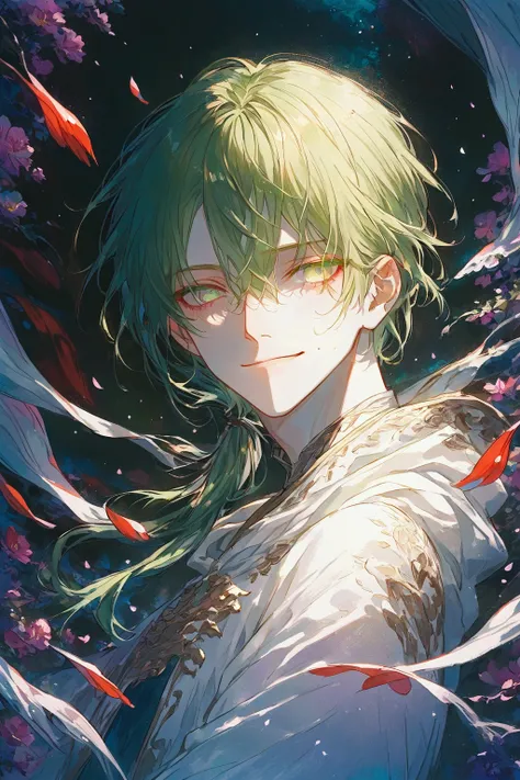 illustration, highest quality, pixiv illustration, very detailed, animation ..((male)) solo, detailed eyes and detailed face, green hair, light green eyes, long hair, low ponytail, white hooded clothes, flying petal background, smiling eyes, colorful garde...