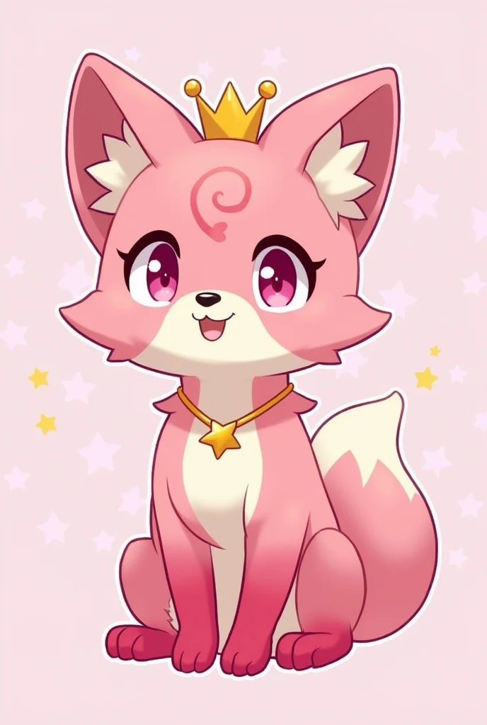 (Character description,Pinkfong is a young fox cub anthro. He has pink fur, magenta eyes, and wears a small golden crown/tiara on his head. He wears a gold star necklace named Pio that holds magical powers)