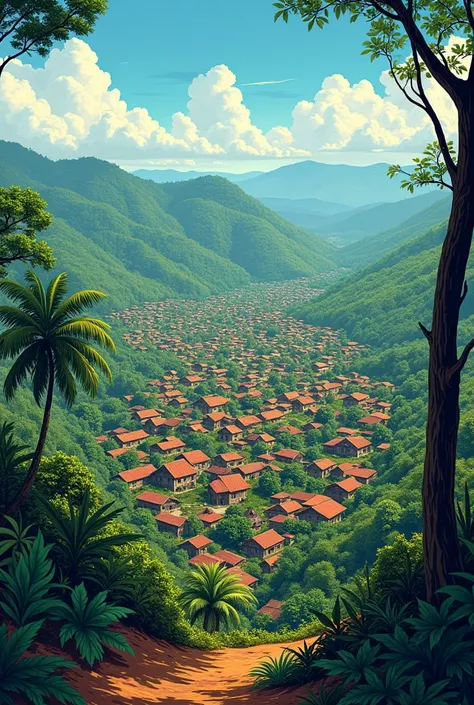 Comic , (View from a hill)  a large tribe , Hundreds of homes, Jirajara indigenous homes style,  households nourished by Jirajara Indians. bottom.  Selva del Estado Carabobo, venezuela 
