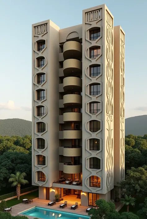 Create design resident apartment  outside 
view  inspired by  African star apple as design   in  3D realistic model  