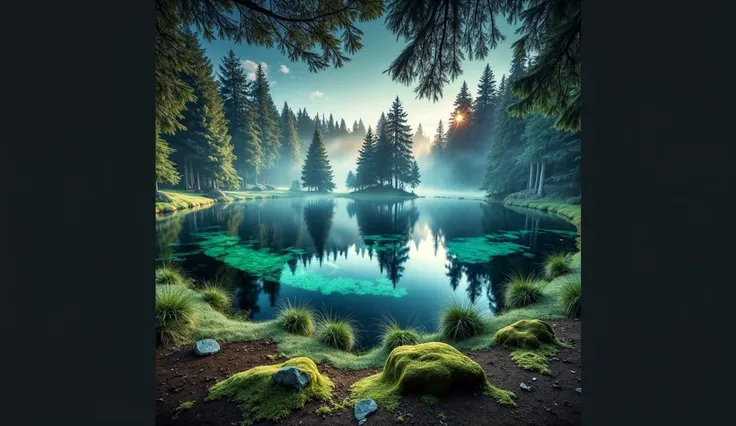  and surrounded by forest {x} A wide-angle composition that captures the entire large pond on the screen。 The pond itself has a calm, static surface of the water 、Surrounding trees in clear water 々 and the sky are beautifully reflected in the background 。 ...