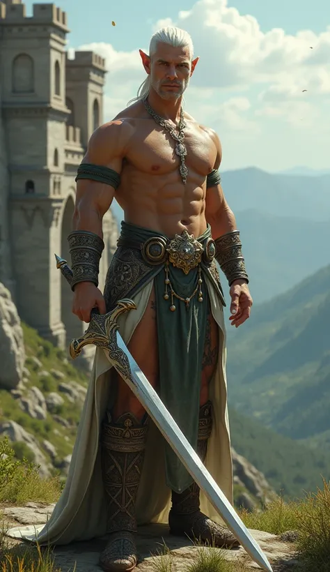 Full body photorealistic shots of handsome hunky clean shaven white hair Fair skinned poined ears elf Prince Filabadreil. . Shirtless. Holding a magic sword. Ancient kingdom as background 