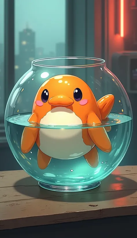 orange and white Blob Fish in a water bowl , ugly but cute , cyberpunk , realistic anime style illustration