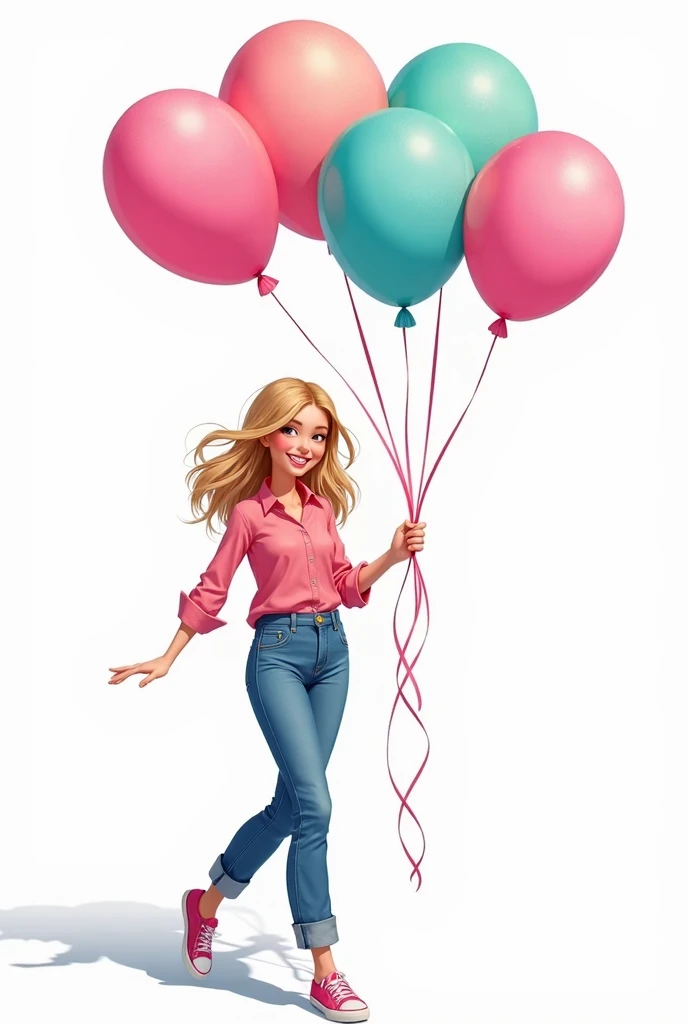  Create a pull-style blonde full-body character, medium hair , pink blouse, Blue jeans, holding pink and turquoise balloons , on white background 