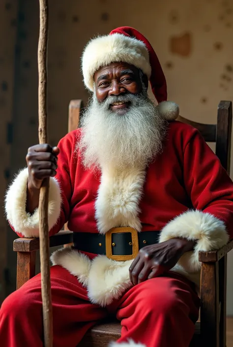 Geneate a realistic oblique view of an African Santa claus seated with rod on the right hand