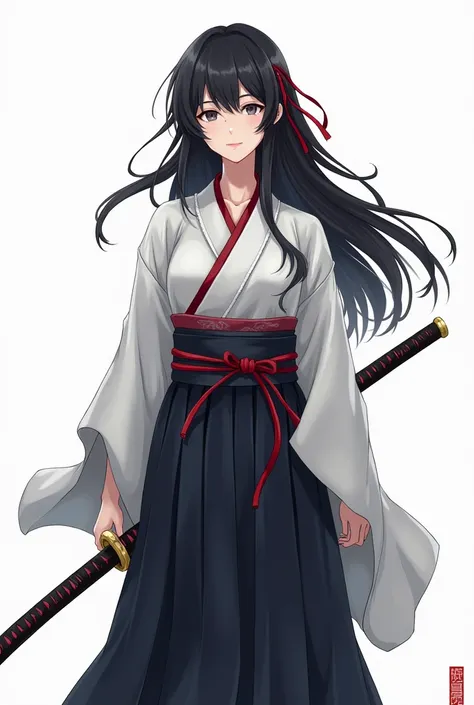 Character: tsukitsuba ginko, 1girl, black hair, hair ribbon, hakama, japanese clothes, katana ,kimono, long hair 4.3M ? looking at viewer ? red ribbon ? ribbon ? robe 37k ? scar 110k ? scar on face 54k ? scar on nose 5.6k ? skirt 1.6M ? smile 2.9M ? solo, ...