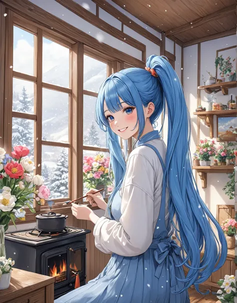 Long Blue Hair 、  beautiful girl with a twin-tail hairstyle、smile、  bright living room 、Its snowing outside the window  、  Im drawing a picture next to the wood stove 、The room is decorated with lots of flowers  、  warm room