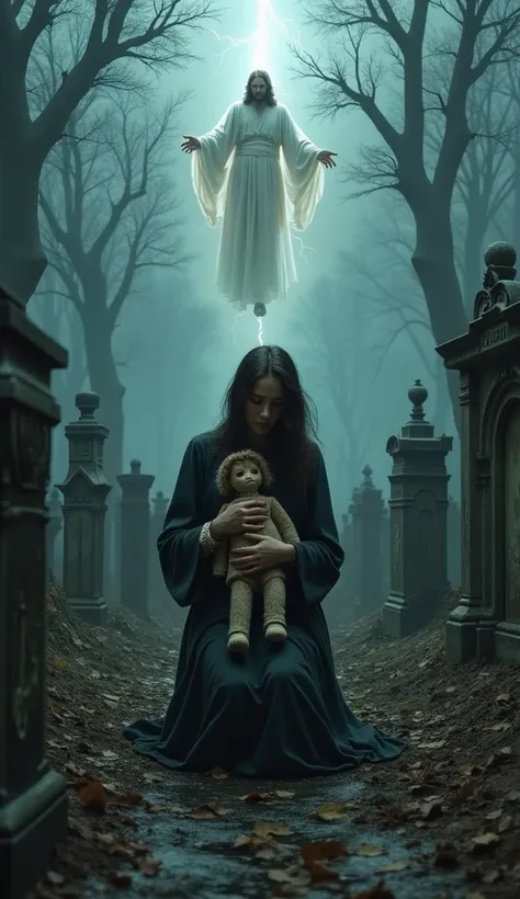 Ultra-detailed and atmospheric digital painting. A grieving mother kneels in the center of a desolate cemetery, clutching a worn, tattered rag doll tightly against her chest. Her face is pale and streaked with tears, her expression a blend of anguish and d...