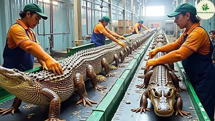 WORKER STANDING PROCESSING CROCODILE