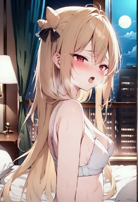  high image quality 、masterpiece、  High Quality   、Full HD、4K 、 long golden hair 、Tie your hair in a bun、 red eyes、blush、 screaming、 slim、 small breasts、White Bra、blush、naked、 Black Tights 、white panties under tights、 ripped tights 、wet spots on panties 、H...