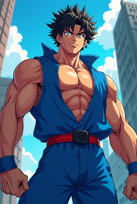 anime:A man with a muscular body , blue clothes with big, expressive eyes with curly hair 