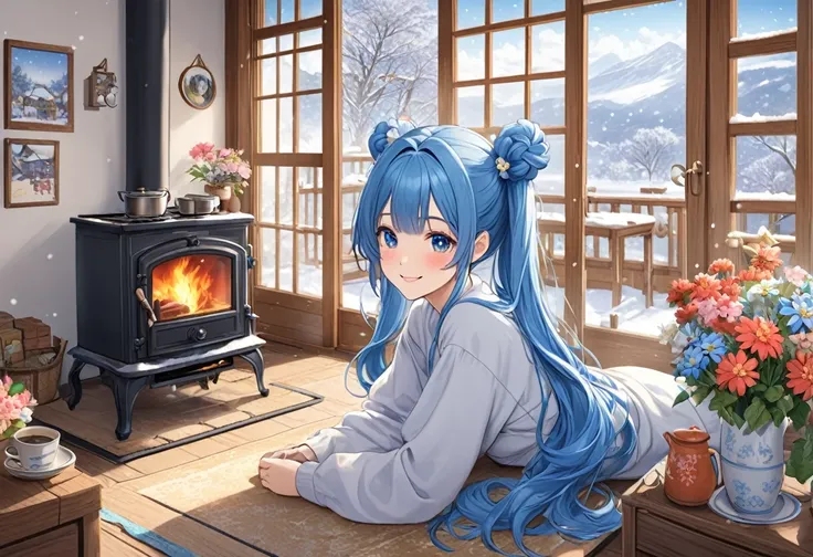 Long Blue Hair 、  beautiful girl with a twin-tail hairstyle、smile、 Bright Western-style living room、Its snowing outside the window  、  Im drawing a picture next to the wood stove 、The room is decorated with lots of flowers  、  warm room