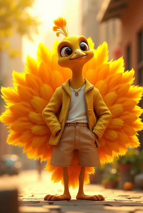 A peacock in a 3D cartoon golden like gold with plumage that stands out in casual dress and that is in front 