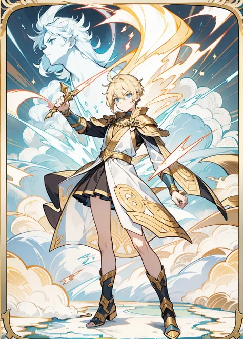 God of Thunder,1 person,Full body, men,Blonde,Norse,Age 18,float,Serious face,Hold a lightning hammer,Gray and gold dress, sky background ,GOLDEN LIGHTNING