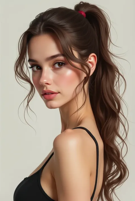 Brown-haired woman with a ponytail 
Tall and medium standard 
White skin and dark brown eyes 