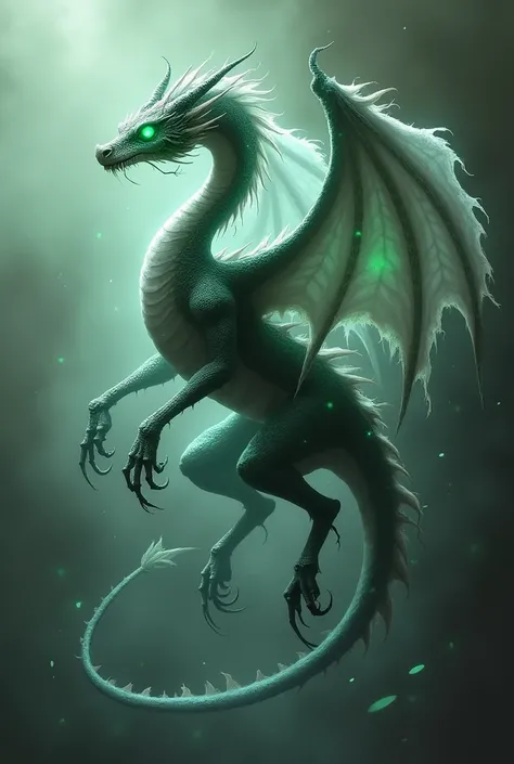 a serpentine, spectral dragon that embodies both elegance and terror. Its body is long and sleek, with translucent, shadowy scales that shimmer faintly like distant starlight. Its wings are tattered, resembling ethereal, torn curtains that ripple unnatural...