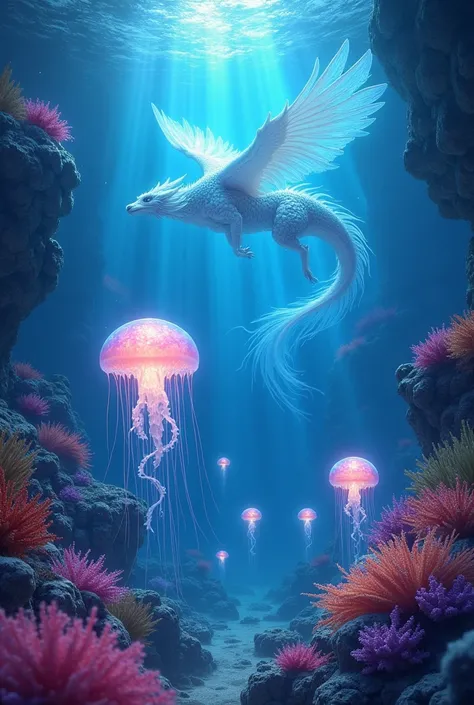 「Vivid and mysterious underwater scenery 。 glowing jellyfish drift gracefully in the water 、 its soft glowing hands illuminate the depths of the ocean 。 An oriental dragon with clear, shining scales 、 flying around the scene 、 reflecting bioluminescence fr...