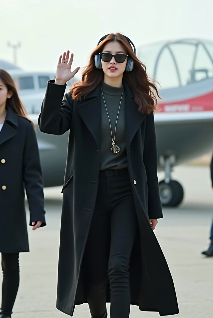  Create an image of Korean actor Jung Il Woo in the role of Scheduler in the drama 49 Days, Heading toward a flying saucer , and waving,  wearing her stylish look with black overcoat ,  black boots and wavy hair wearing sunglasses and headphones .