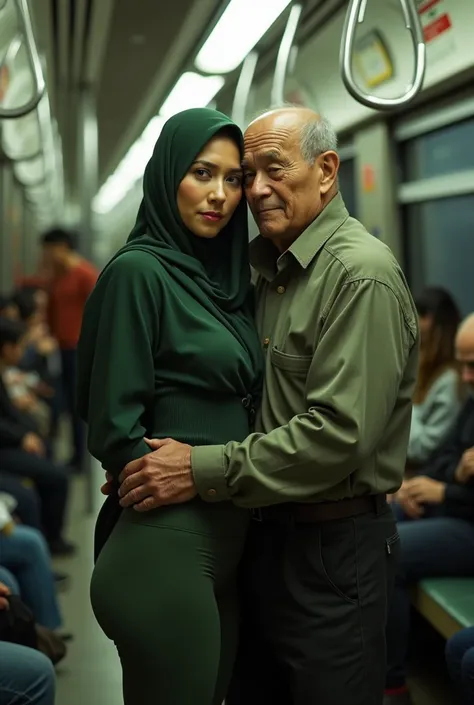 SFW, realistic, masterpiece, VERY crowded subway train interior detailed scenario, VERY crowded subway train interior detailed background, standing insanely hot (malay woman 1) wear green panties, hijab, (perfect ass), (thick thigthear expression), horny f...