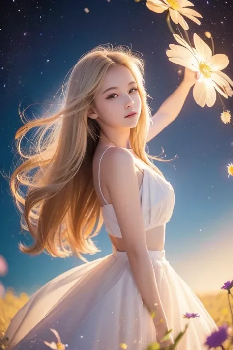 ( top quality , masterpiece),  One girl ,  pose, particle, wind, flower,  upper body,  simple background,  viewers,  blondes, galaxy,