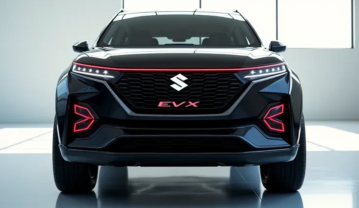 A highly detailed Back view of a 2025 Maruti Suzuki EV X(electric SUV), painted in a sleek black color with a glossy finish. The car features a large and angular sporty design, a prominent Suzuki logo on its intricately designed grille, and modified sleek ...