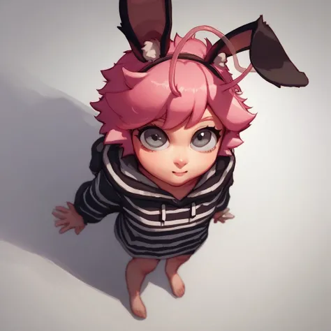  score_9,  score_8_above,  score_7_above,  score_6_above, Alone,   source  _anime
sofia ,  short pink hair , big,  fluffy rabbit ears ,  striped hoodie, grey eyes, white paboveil,  black t-shirt ,  full body,  head antennas 
 