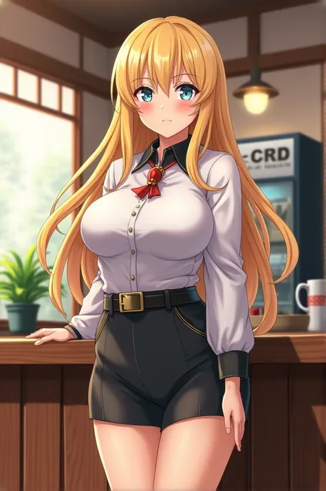 Physically fit adult woman with long blond hair and big breasts wearing a long-sleeved uniform from a Japanese coffee shop anime version