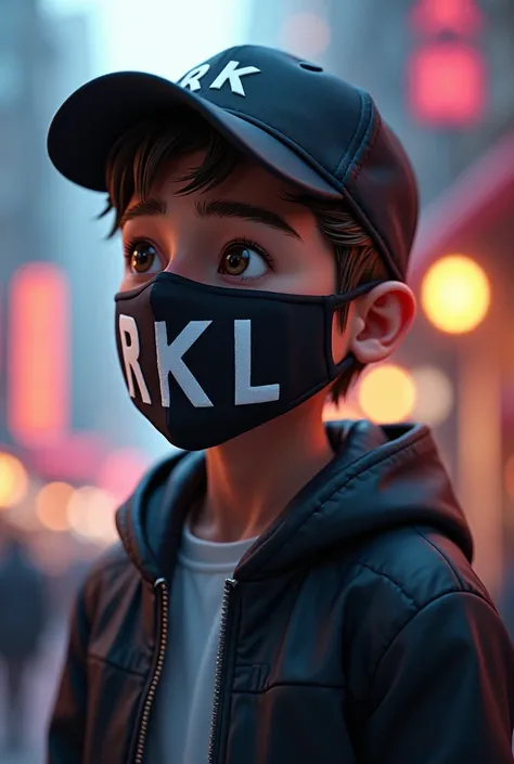  A young man in a mask and in the mask says rkl, and with a cap singing  