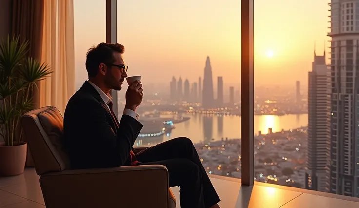 Bhaskar sipping coffee on the balcony of a luxurious Dubai penthouse.
