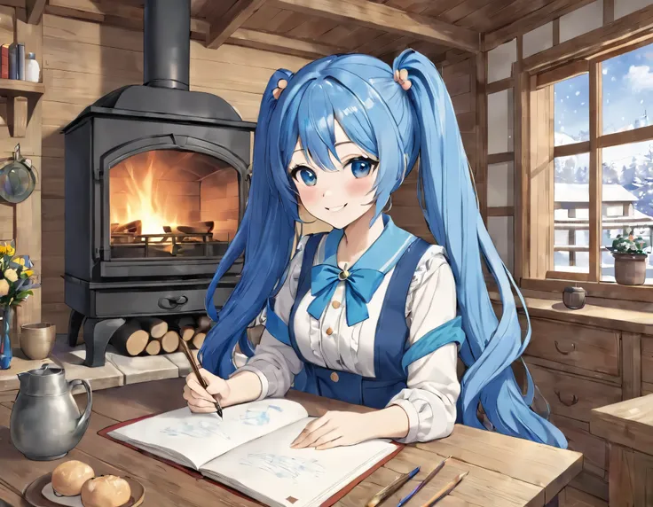 Long Blue Hair 、  beautiful girl with a twin-tail hairstyle、smile、 Bright Western-style living room、Its snowing outside the window  、  Im drawing a picture next to the wood stove 、The room is decorated with lots of flowers  、  warm room