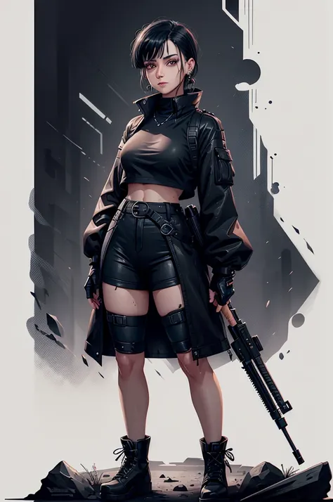 woman, black shirt, black cropped jacket, rolled up sleeves, black shorts, strapped long stockings, black high boots, white pupil, black eyeball, short black hair, pale skin, slim and sexy, a waist bag around the belt, fingerless gloves, black lipstick, lo...