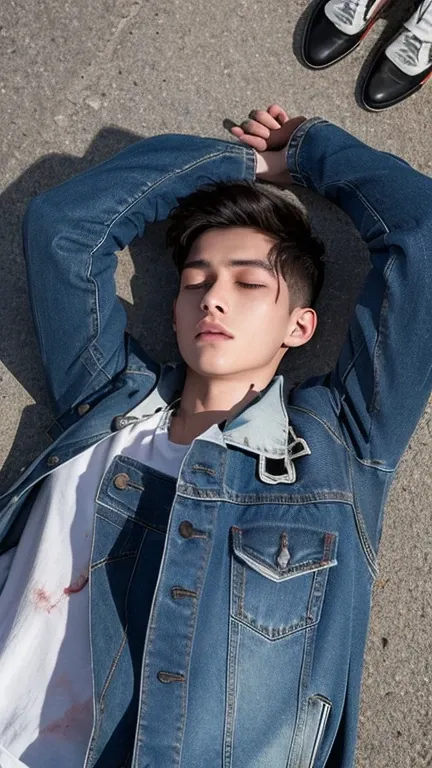 Overall view of the dead body of a young man in a denim jacket who was stabbed to death lying on his back to the ground with blood flowing from his head