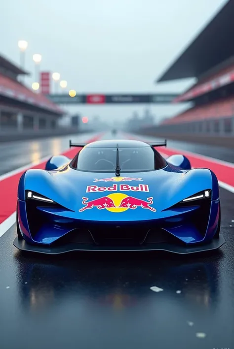  The realistic photo futuristic concept car from Red Bull blue car with the Red Bull emblem on the front like the emblem of a regular car in front of a racetrack