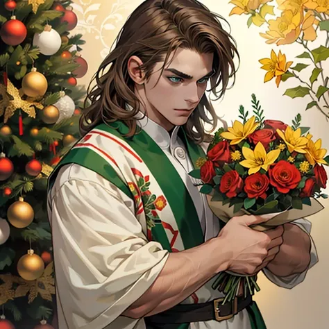 
Medium-length brown hair, Green eyes, Broad shoulders, a masculine man, anime style,
High Resolution, Masterpiece, Anatomically Correct, Accurate, Best Quality,  Christmas trees background ,  holding a beautiful bouquet of yellow and red flowers.