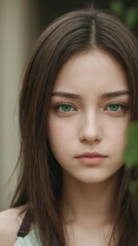 a  girl. detailed face. half-closed eyes. detailed expression. green eyes. Depressed