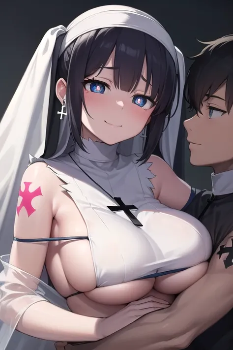 danmachi Hestia,  Hestia, ((empty eyes)) , ((((cross-shaped_pupils)))), ((corruption)), dark persona, possessed ,((nun)), double helix ,pubic tattoo, ,(black hair),alternate eye color,evil smile, alter servant,tattoo,Dark aura ,transformation ,ribbed,glowi...