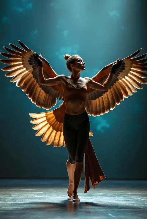 with her dance. Her makeup and hairstyle mimic the sharp, bold features of a hawk. The stage lighting highlights her dynamic movements, while the backdrop resembles an open sky, blending her presence seamlessly with the essence of a soaring hawk."