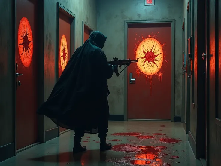 " Surreal scene showing Majjuraj holding an Aga gun moving through a door bearing the emblem of the sports team. Each door has a bloody trail of being eliminated or defeated. Majjuraj wearing a dark hooded headdress as he approaches the final door, which r...