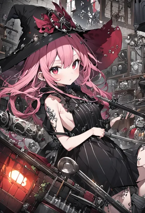 Fire Witch 、 adult woman、 simple clothes、 Black Witch Hat、Silver decoration、old tool shop、 red pink hair 、 small tits