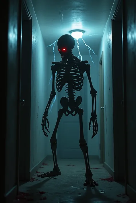 Create the realistic image of a humanoid and extremely skeletal monstrous creature with red eyes, bloody and macabre ,  in the dark of a corridor of a dark house illuminated only by lightning from a storm outside.