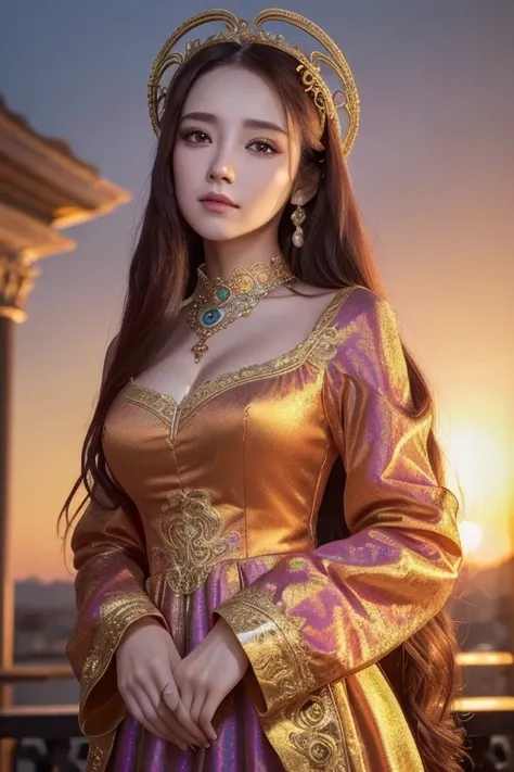 ( absurd,  High Definition ,  Ultra Detailed ),  One girl , Astrology - Aries Goddess  , Alone,  mature, Baroque,  long dress ,  Long Sleeve ,  elegant ,  colorful ,  best details ,  upper body , Sunset Hair . Eye of Fire . Brave, Selfish, Productive,  the...