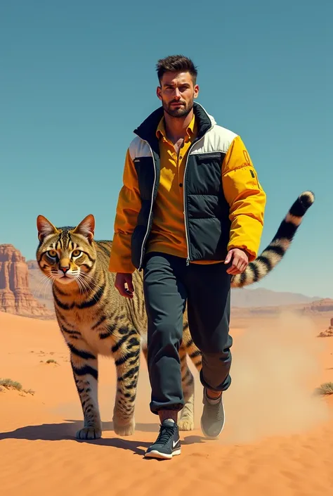 Se man handsome handsome authoritative young man walking with giant cat in black yellow and white color against desert background